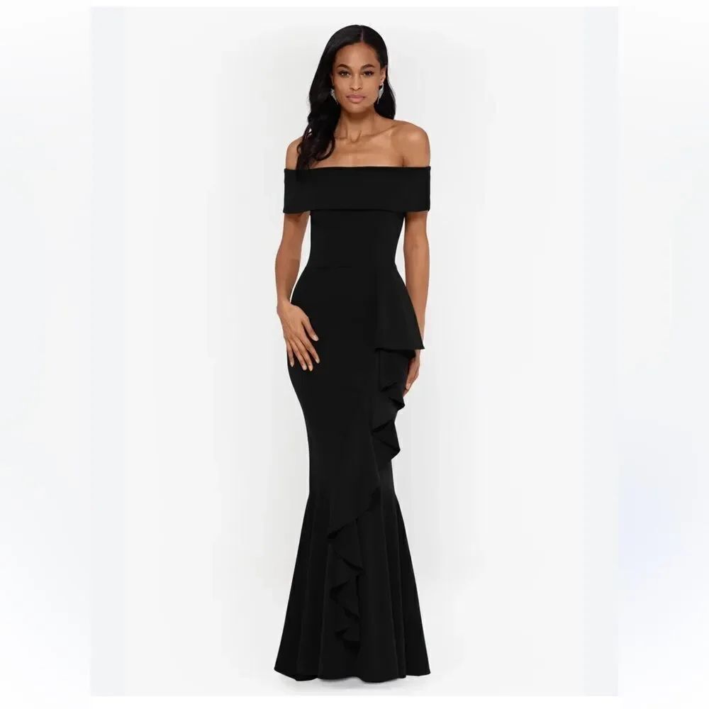 Betsy & Adam Petite CARINA LONG OFF THE SHOULDER RUFFLE DRESS NWT